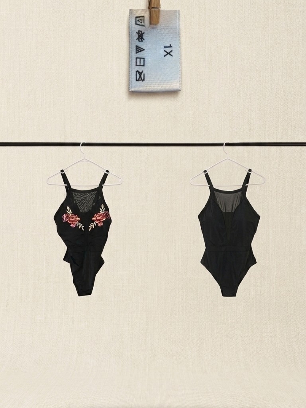 Black One-Piece Swimsuit with Rose Embroidery